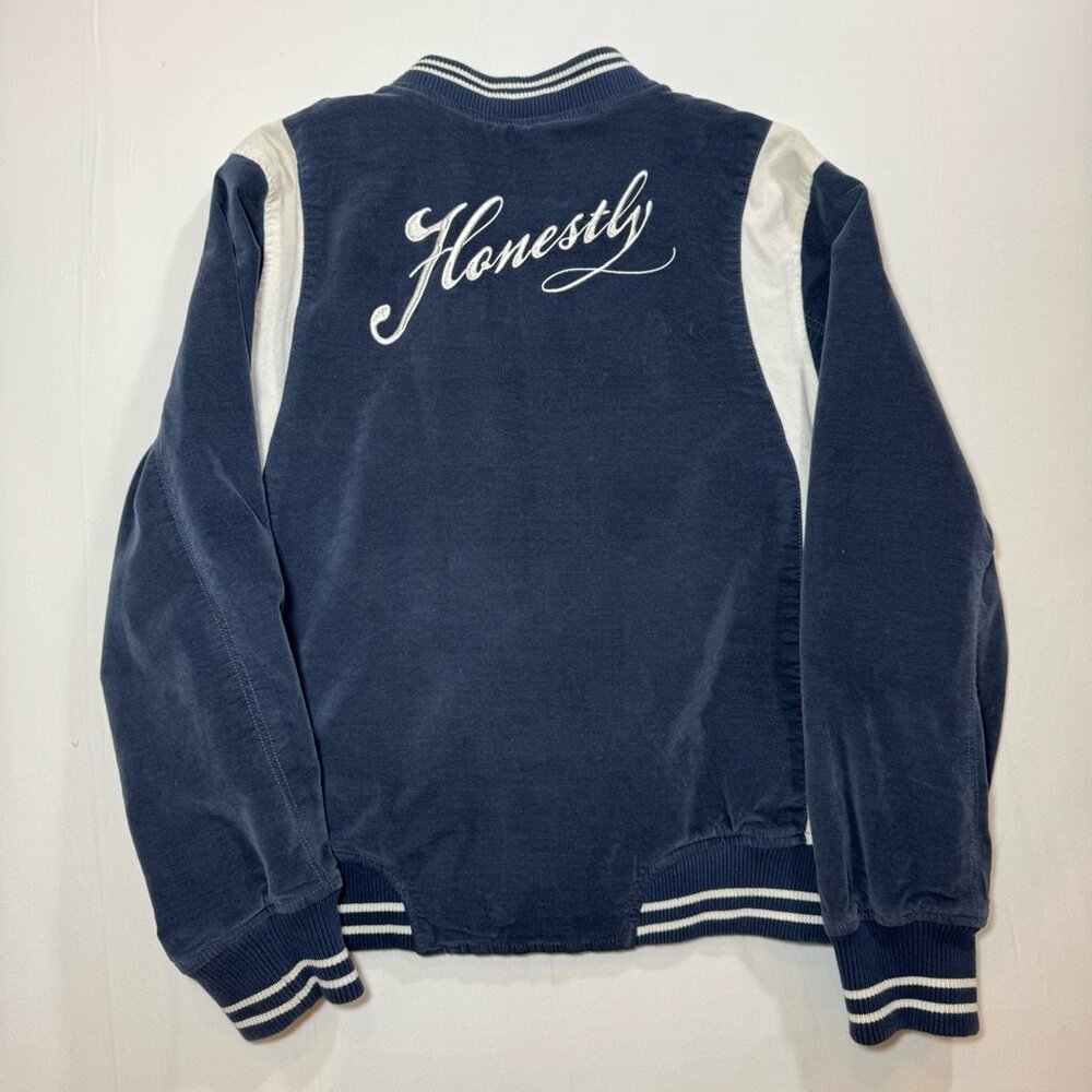 American Eagle Honestly Bomber Jacket L Navy Blue White Velour Varsity Y2K Retro
